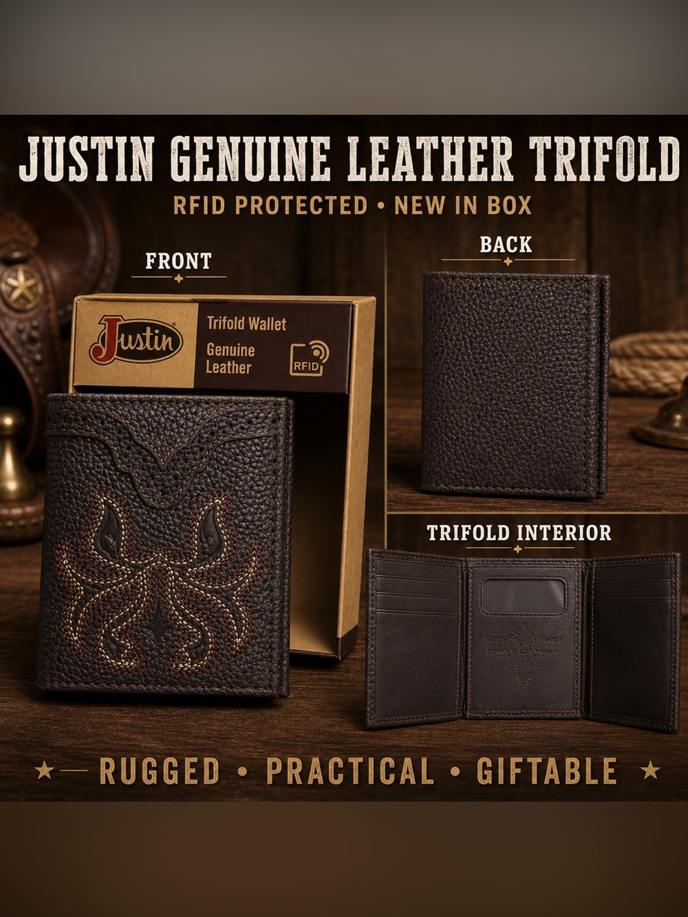Justin Boots Dark Brown Embossed Leather Trifold Wallet